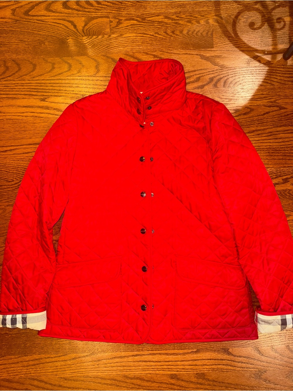 Burberry Red Quilted Collar Jacket with Signature Check Lining Women’s Size M